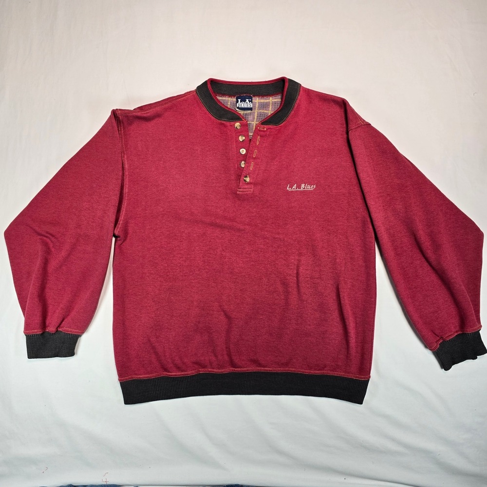 Vintage LA Blues Henley Sweatshirt Burgundy Red Plaid Trim Mens XLI